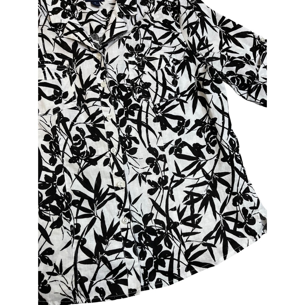 Westbound Womens 16 Linen Button Up Shirt Black White Floral Bamboo Camp Blouse - Picture 4 of 8